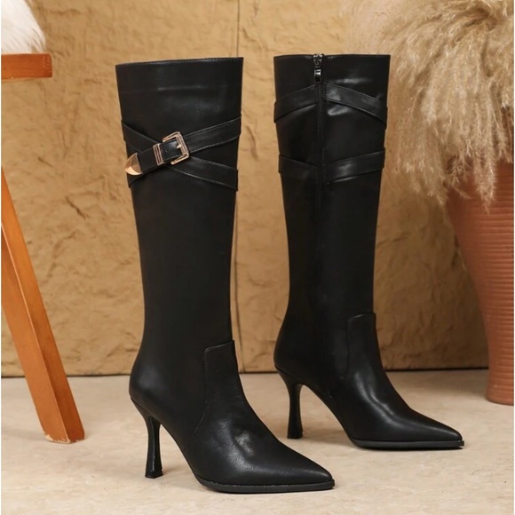 Women's French Style Slim Heel Tall Boots With Buckle, Over The Knee, - Picture 2 of 4